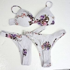 Womens Sz‎ Large White & Purple Floral Bikini Set Bundle